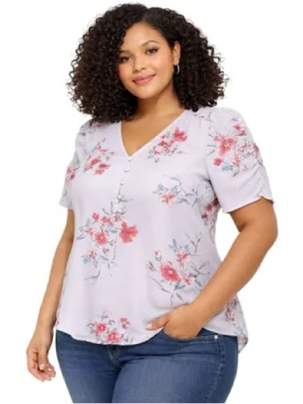torrid Georgette Floral V-Neck Grey Short Ruched Sleeve Top